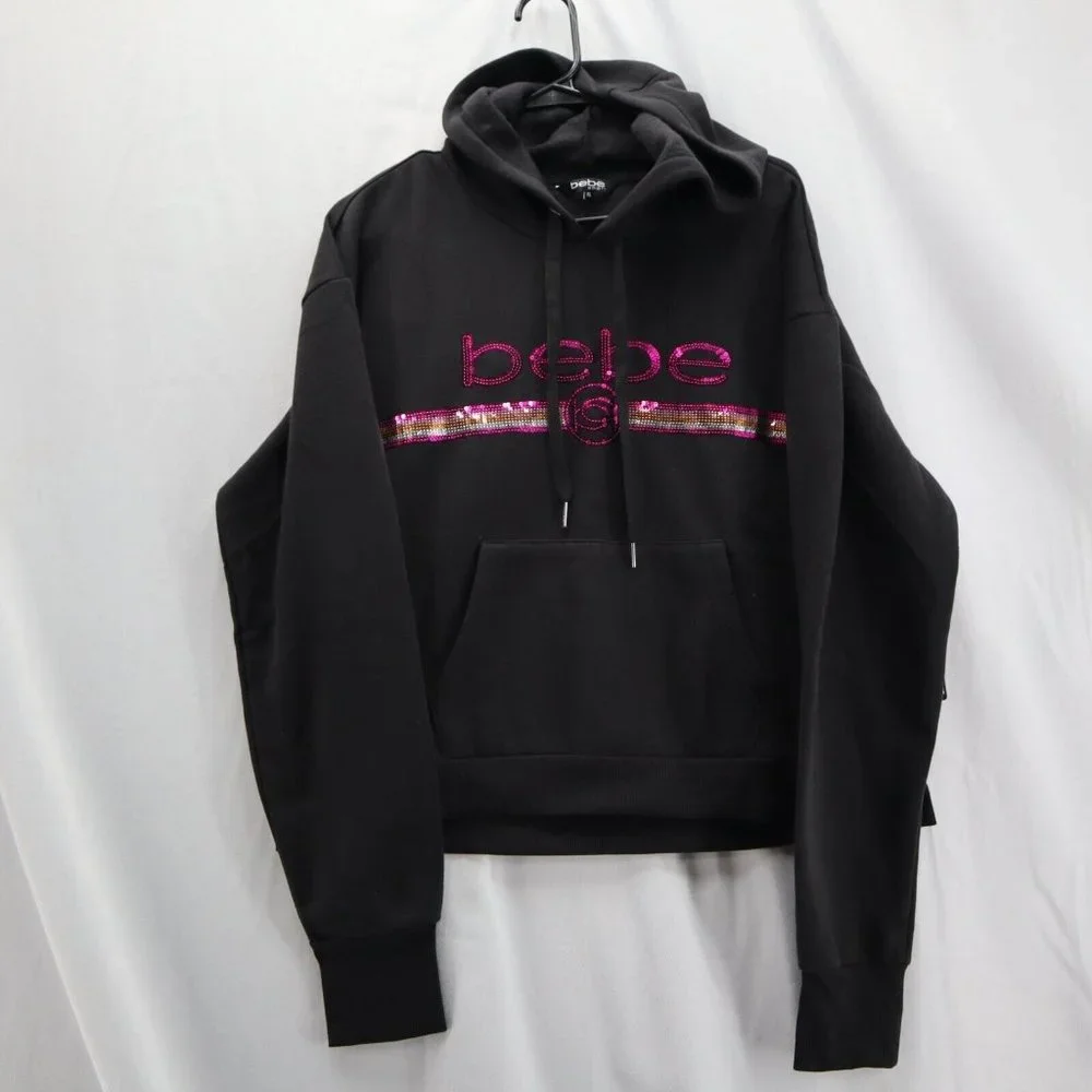 Bebe Womens Pullover Hoodie Sequin Logo Size XL Black Sweatshirt New - Picture 1 of 9